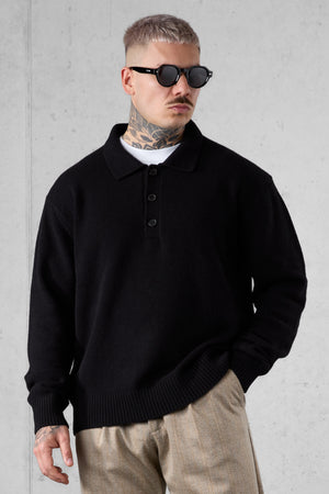 BLACK KNIT POLO SWEATER