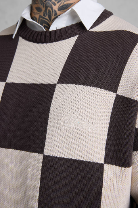BROWN CHECKERED KNIT SWEATER