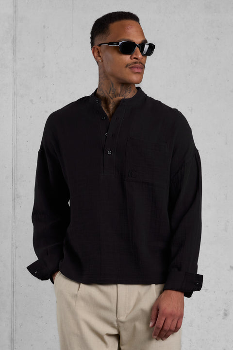 BLACK MUSLIN HENLEY OVERSIZED SHIRT