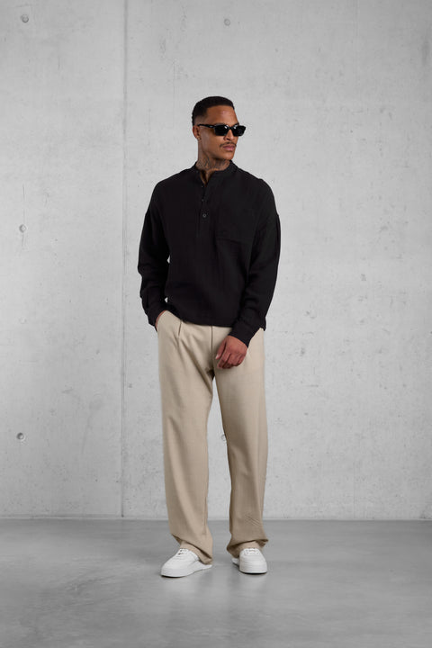 BLACK MUSLIN HENLEY OVERSIZED SHIRT