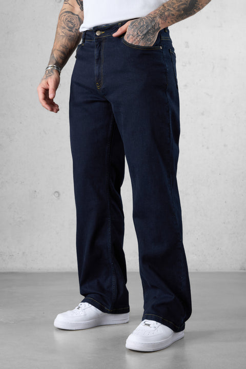 WASHED DARKBLUE CONTRAST LOOSE JEANS