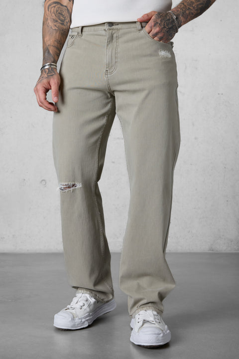 WASHED OLIVE DESTROYED STRAIGHT JEANS