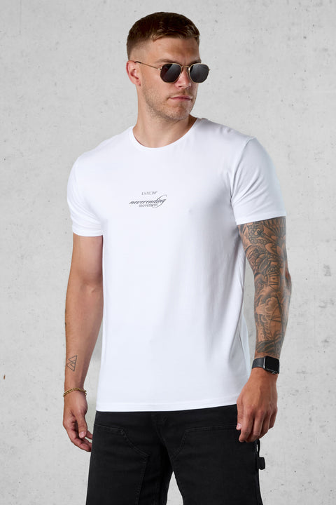 WHITE NEVERENDING MOVEMENT LOGO TEE